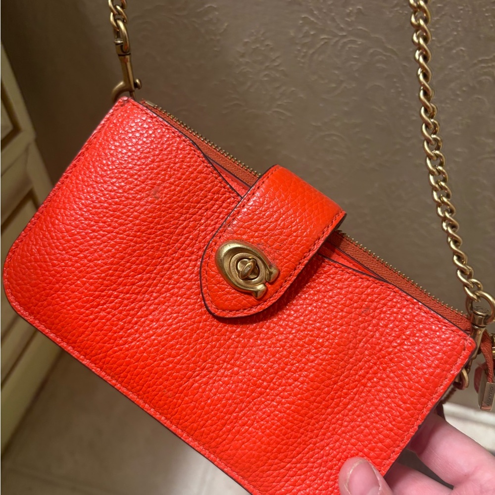Coach Small Orange Pebbled Leather Crossbody with Gold Hardware
